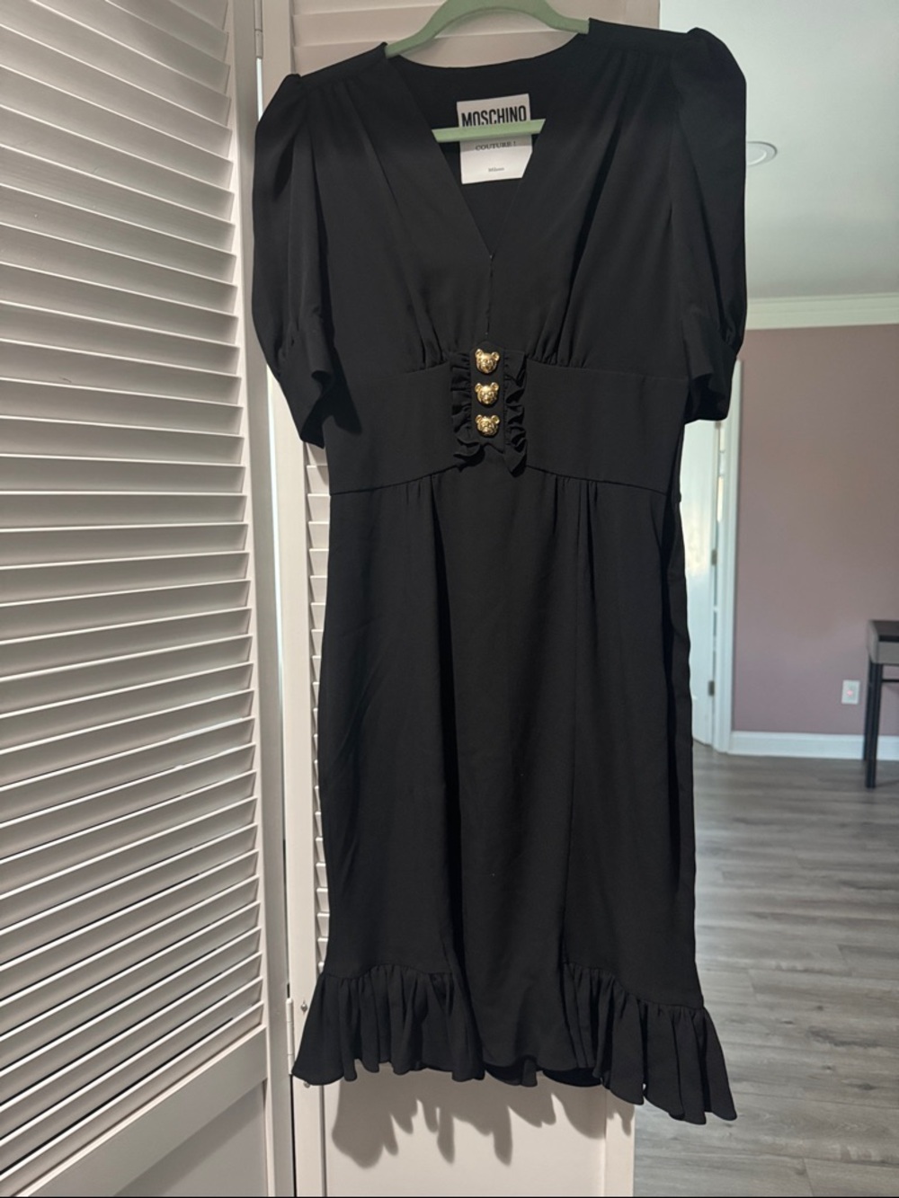 Moschino Black Midi Dress with Puff Sleeves and Gold Heart Buttons